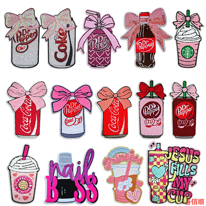 Cross-border selling exquisite bow coke can cloth stickers-towel embroidery and bead embroidery creative beverage bottle decorative stickers Cross-border selling exquisite bow coke can cloth stickers-towel embroidery and bead embroidery creative beverage bottle decorative stickers