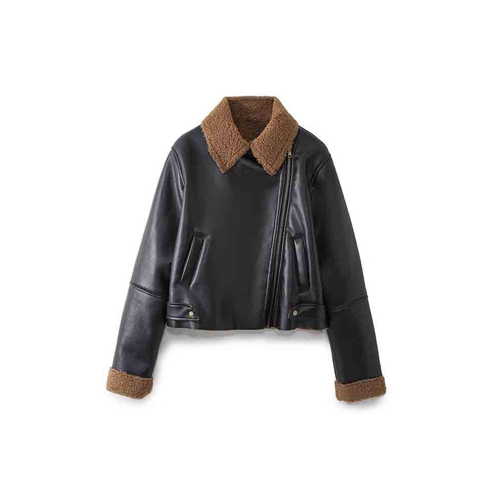 New Women's Autumn and Winter Fashion Temperament Versatile Simple Casual Fleece-Lined Biker Jacket Leather Jacket