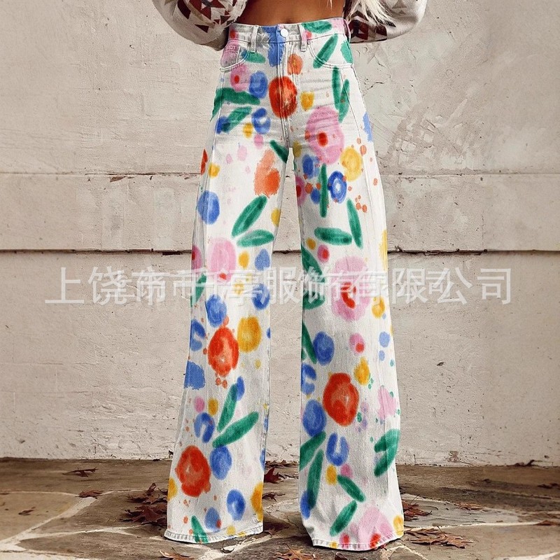 跨境欧美独立站爆款数码印花假牛仔女士阔腿裤 女士喇叭修身长裤|undefined