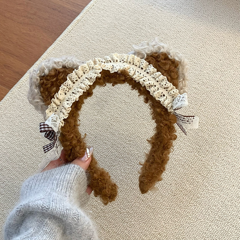 Bonito oso orejas cabello de cordero de encaje en el hogar lavarse la cara 2024 nuevo red lavarse la cara