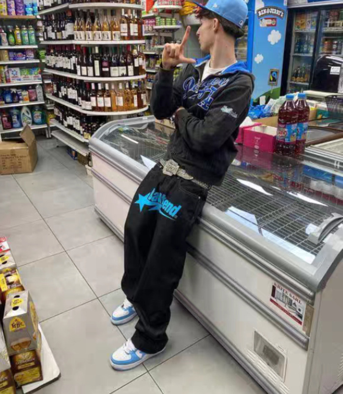2023欧米のヒップホップのジーパンのゆったりしたストレートの小さい弾のデニムの春秋のズボンの男性の青春の流行のズボン|undefined