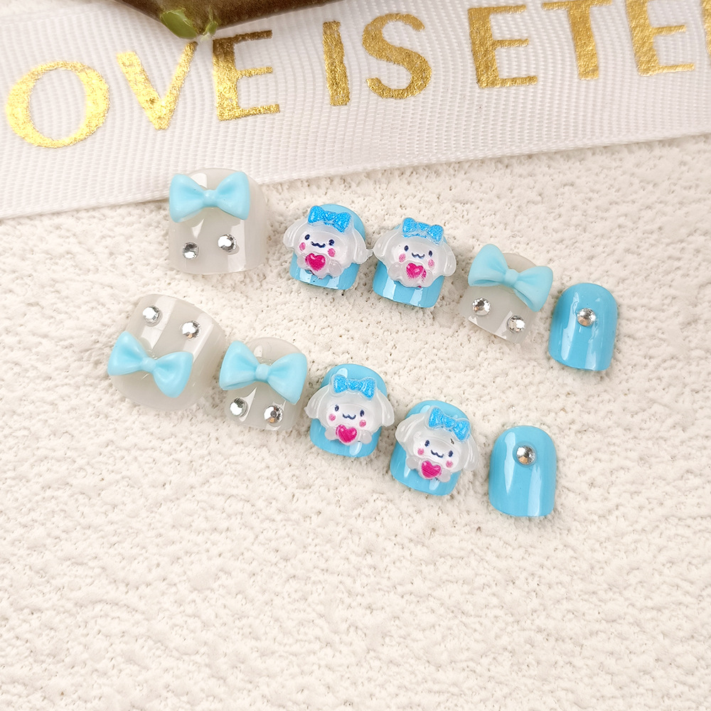 Dibujos animados para niños arte de uñas corto 3D arco para niños armadura de vestir 10 piezas de uñas de perro de jade con incrustaciones de diamantes tridimensionales