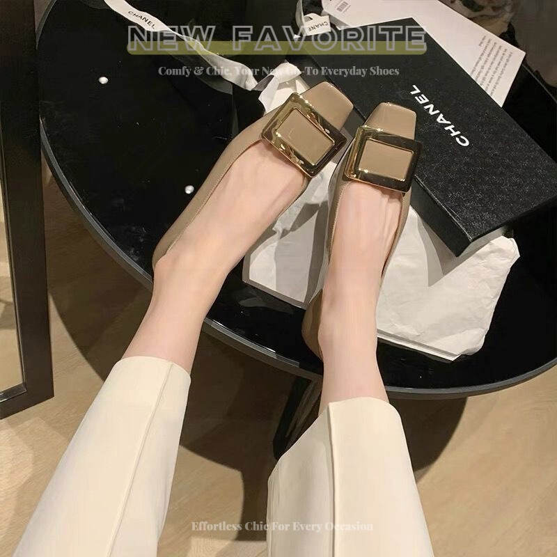 First-Layer Leather Version in Stock, Ships Instantly! Same Style Shoes, Classic Commuting Square-Toe Square-Buckle Patent Leather Low-Heel Shallow-Mouth Flat Shoes