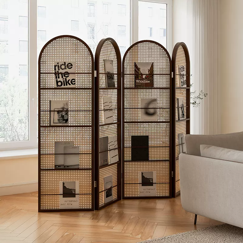 轻奢实木隔断日式屏风藤编隔断入户屏风实木装饰中式玄关新中式