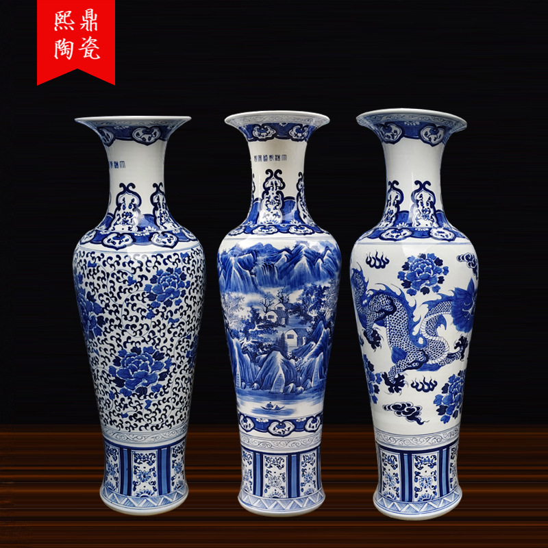 Decoración de cerámica vasos pintados a mano esmaltado porcelana azul colorido paisaje ramas de lotus aterrizaje gran vasos Guanyin vasos grandes ornamentos