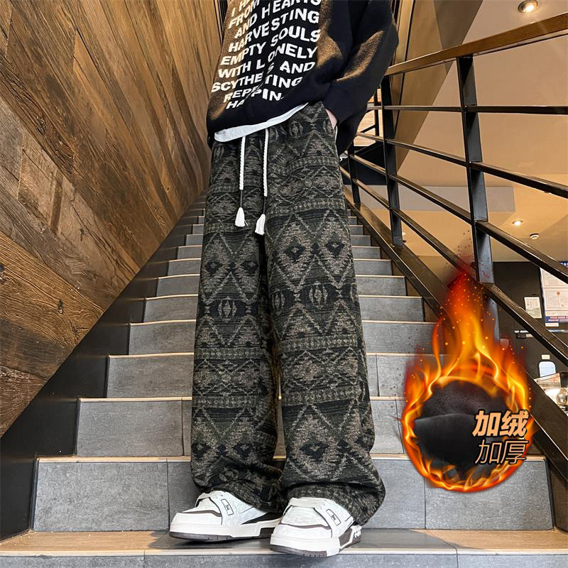 Dirty Style Fleece-Lined Casual Pants Autumn and Winter Men's American High-End Pants Loose Wide-Leg Flat-Footed Trousers Straight