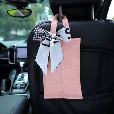 chair back tissue pump – Car tissue box/set - woven-hanging-powder-tissue-box-houndstooth-bow