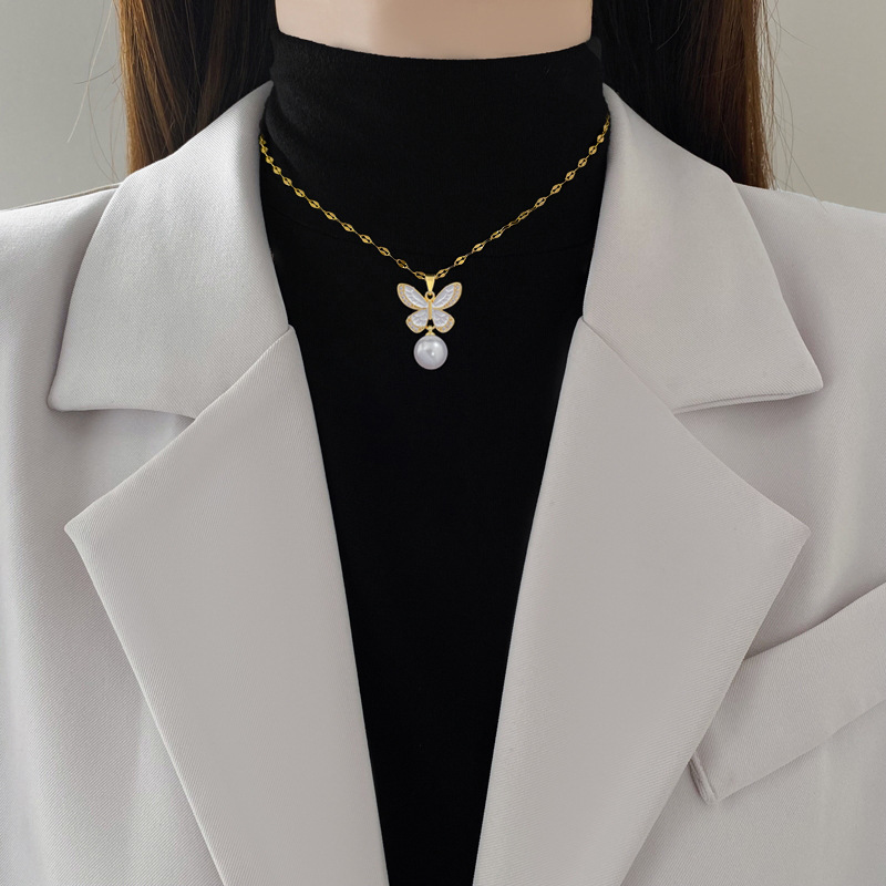 Gorgeous Butterfly Pearl Necklace Set Titanium Steel Clavicle Chain_voghion.com