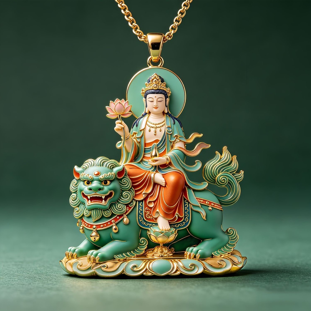 Manjushri Lion Auspicious Pendant Necklace, Chinese Style Handmade Manjushri Bodhisattva Green Lion Amulet with Auspicious Meaning, Gift for Friends