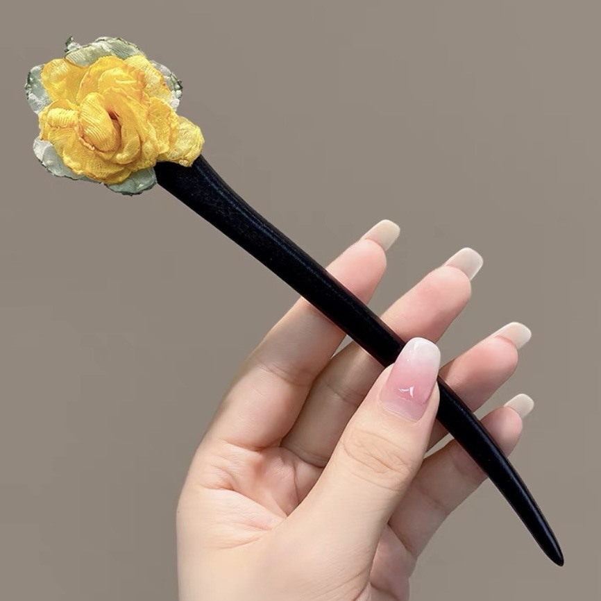 Horquilla de camelia, estilo antiguo negro, bola simple, accesorios para el cabello, placa de sentido avanzado, horquilla, tocado, temperamento, horquilla Hanfu