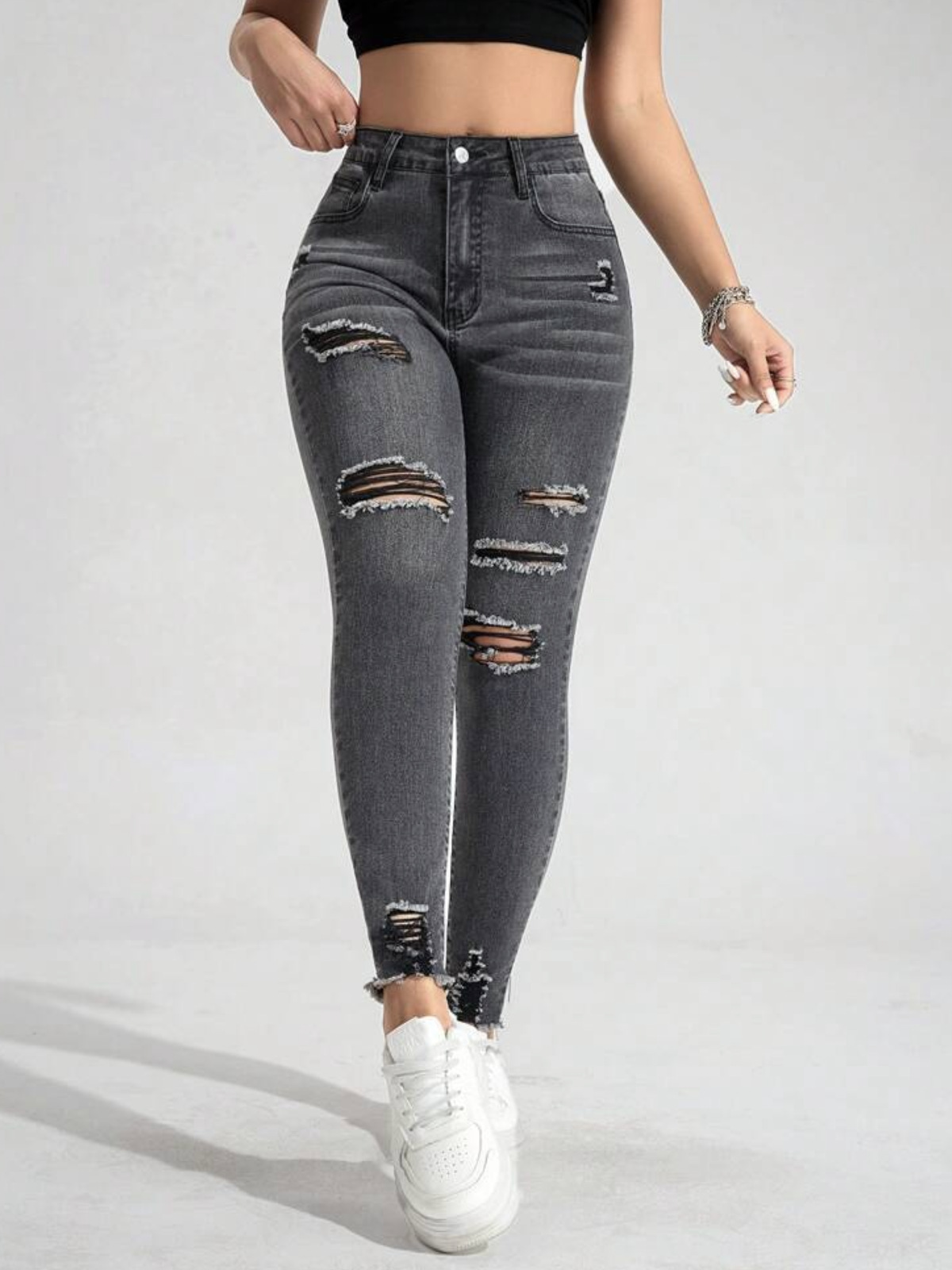 Jeans Ajustados para Mujer de Mezclilla de Algodón, Elástico, Cintura Alta, Roto