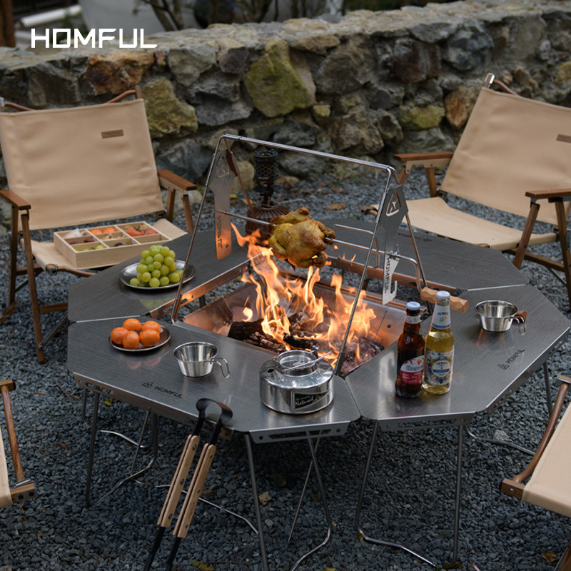 Homful Haofeng Mesa de fogata para barbacoa, combinación modular para acampar, mesa envolvente multifuncional de acero inoxidable, ocio al aire libre