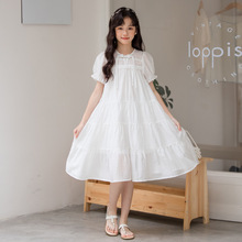 亲子装女童短袖连衣裙白色双层公主裙2024夏天中国风大童仙女裙子