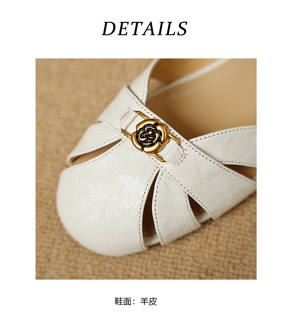 Sandal nữ bít mũi da cừu quai ngang hoa trà đế thấp — Màu đen chi tiết 19