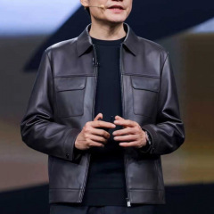 雷总发布会同款2025海宁新款皮衣外套翻领商务休闲皮夹克