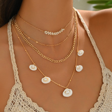 亚马逊热销新款时尚饰品简约贝壳珍珠吊坠项链女古巴链锁骨链套装