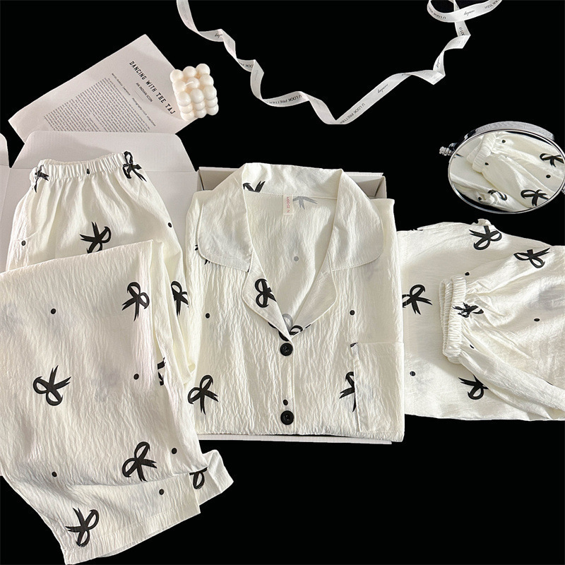 Pijamas de amor dulce de color, pantalones de manga corta de hilo de algodón de nube de verano para mujer, cárdigan de tres piezas, servicio a domicilio