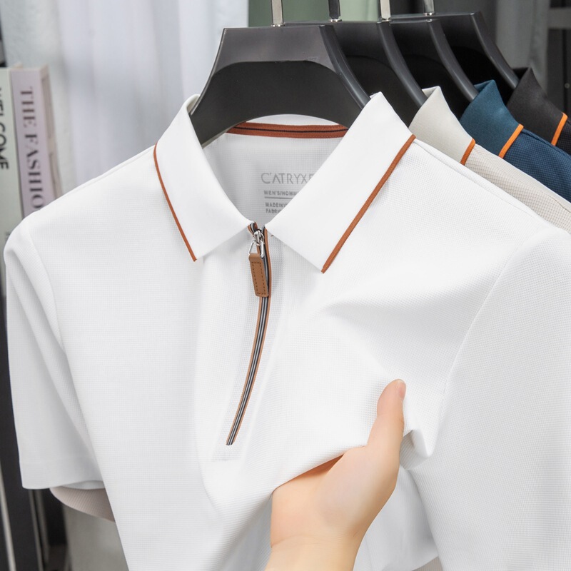 Cross-Border Dropshipping 2026 Ice Silk Summer Men's Short-Sleeve Polo Shirt New Style with a Turn-Down Collar, Half-Zip, Seamless, Thin, and Breathable
