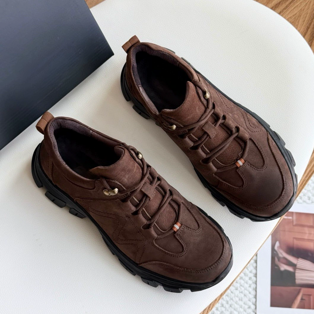 2025 новые мужские повседневные походные ботинки на толстой подошве, спортивные кожаные туфли из натуральной кожи, на шнуровке, нескользящие, для путешествий