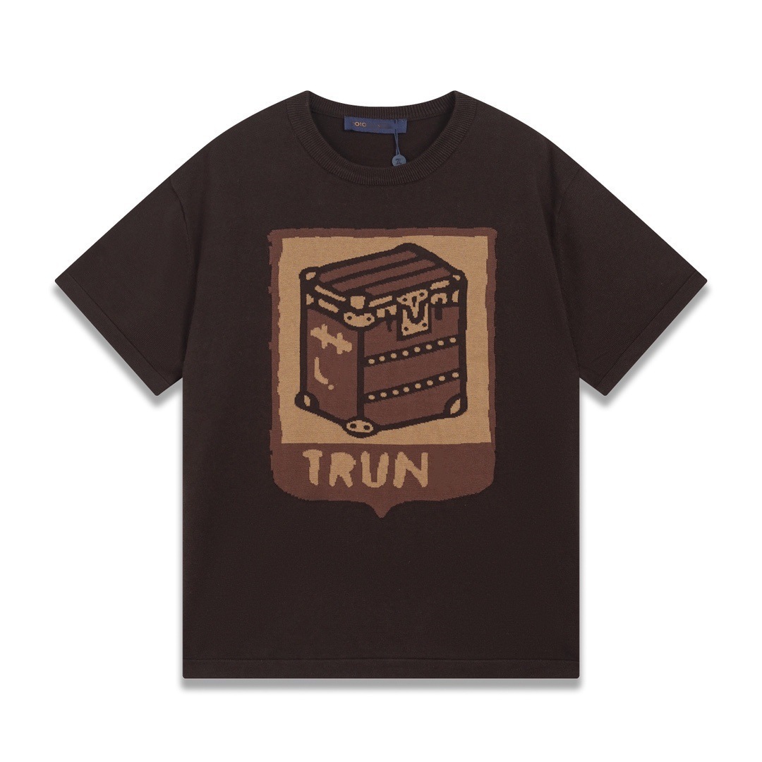 T-shirt de punto de alta versión de burro 2025 nuevo tablero de ajedrez letras jacquard casual suelta hombre y mujer mangas cortas