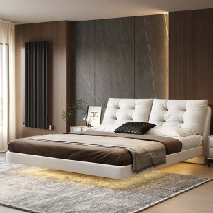 Italian-Style Light Luxury Genuine Leather Bed, Modern Minimalist Master Bedroom High-End Double Bed with Soft Cushion, Suspended Leather Art Bed, 2025 New Model