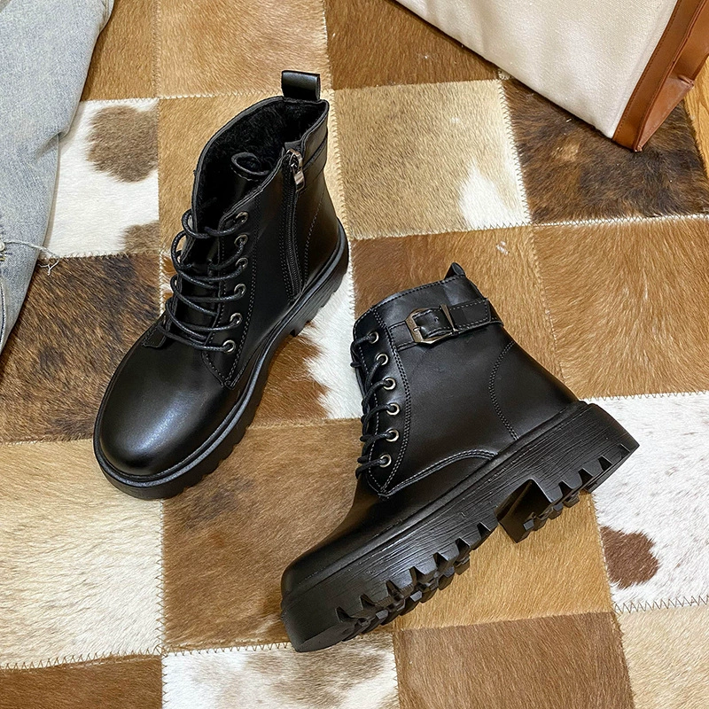 Новые осенние и зимние женские ботинки, ботинки на боковой молнии, женские короткие ботинки в британском стиле, женские черные кожаные одинарные ботинки на толстой подошве со шнуровкой