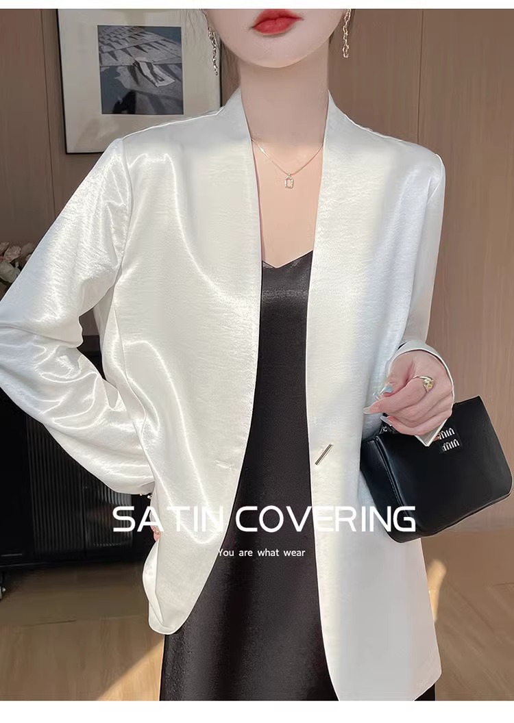 ng2510292 White Acetate Satin For Women, 2025 Spring/autumn New Style, Loose Casual Elegant Short Blazer Top_ecoleips.com