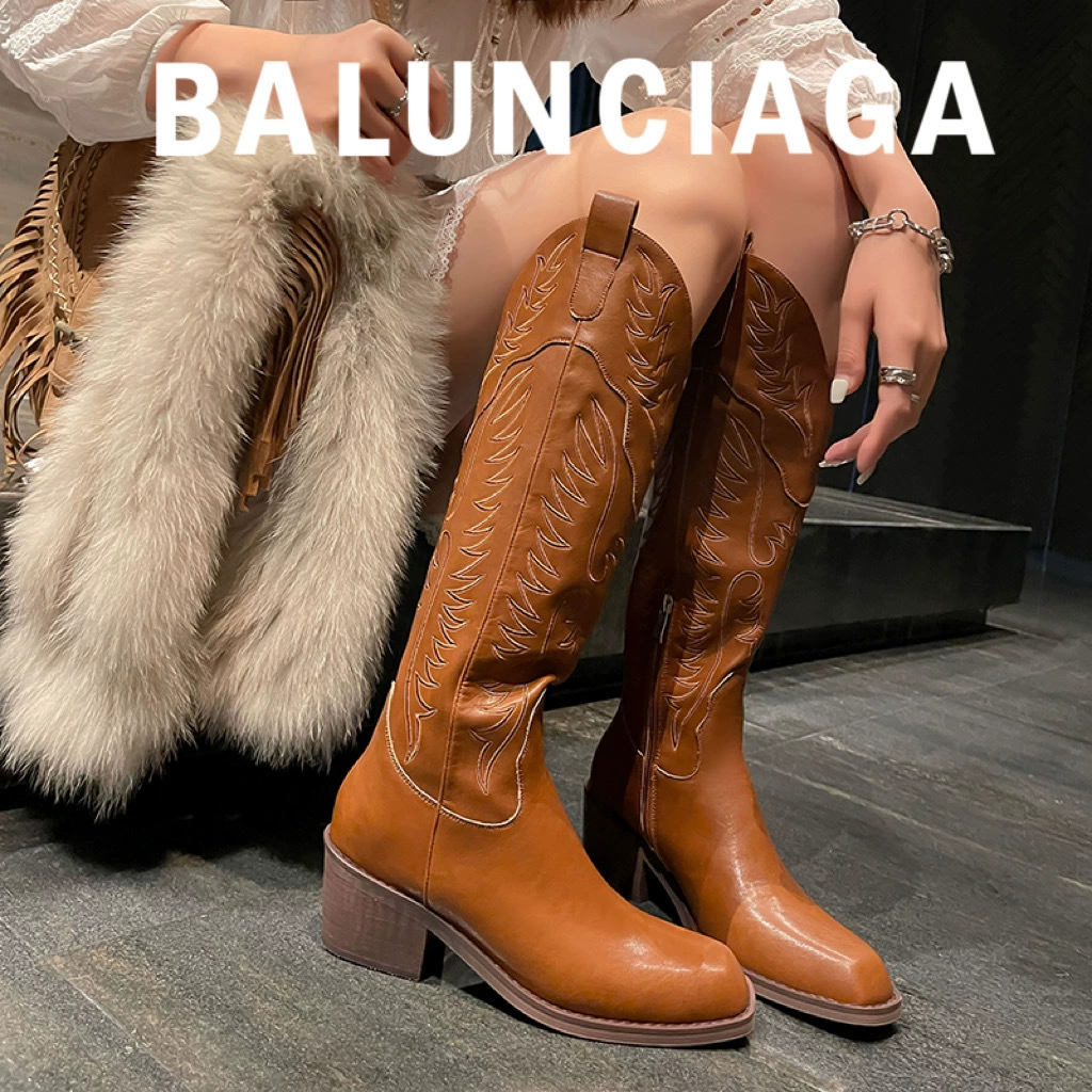 Ковбойские сапоги в стиле ретро с V-образным вырезом, женские сапоги с высокой посадкой и вышивкой, 2023, сапоги на толстом каблуке из натуральной кожи в новом стиле