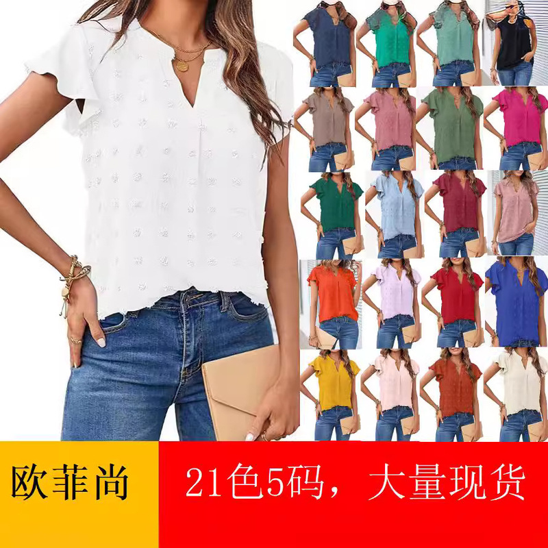 European and American Foreign Trade Cross-border Women's 2023 Amazon Summer New V-neck Lotus Leaf Sleeve Chiffon Shirt Short Sleeve T-shirt