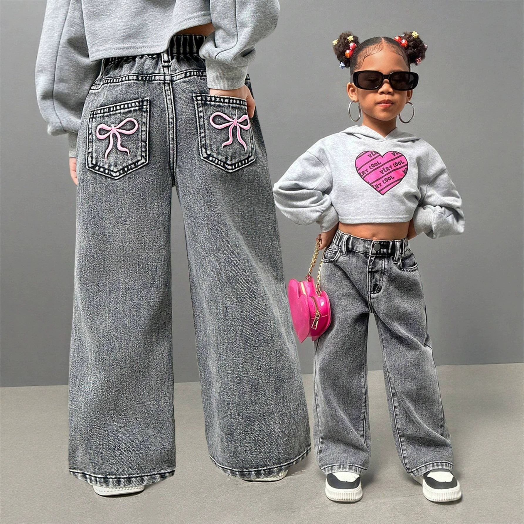 26 Cross-Border Popular Amazon Girls' Bowknot Embroidered Jeans Sweet and Spicy Style High-Waisted Straight-Leg Loose Pants