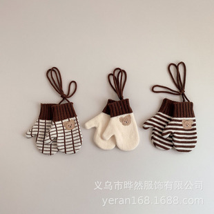 Korean Style New Children's Gloves Winter Striped Knitted Bag for Boys and Girls Baby Cute Cartoon Embroidered Full Finger Gloves