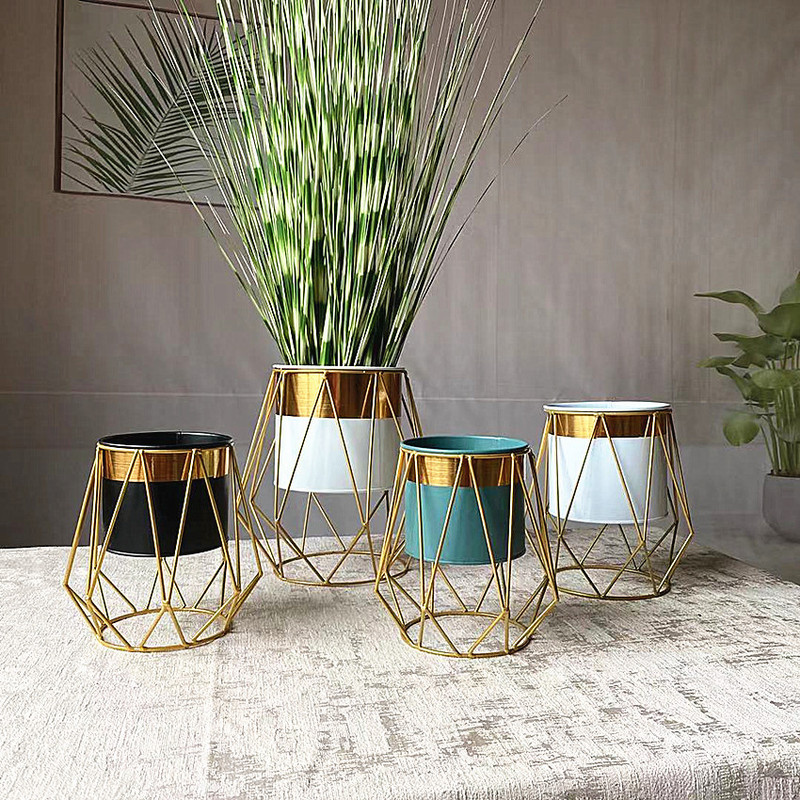 Iron flower stand golden edge vase metal ceramic iron bucket desktop decoration flower pot succulent container Nordic style