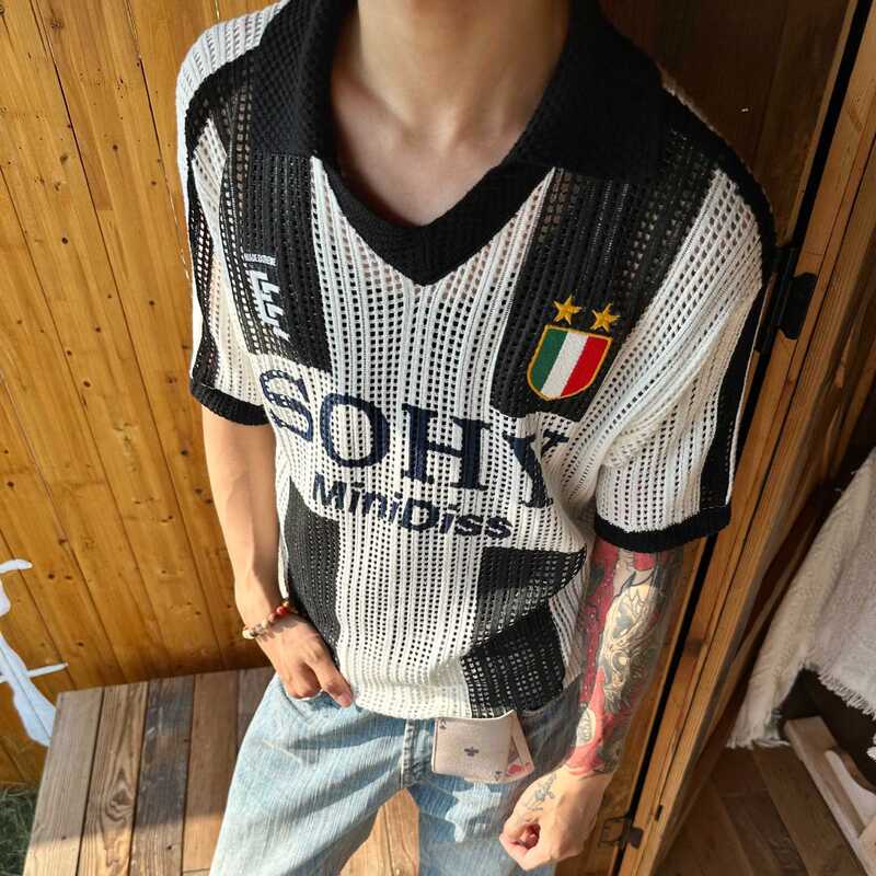 EME メンズ 25ss 中空ニット ジャージ V ネック メンズ レディース ルーズ レトロ 通気性 カジュアル セーター 半袖|undefined
