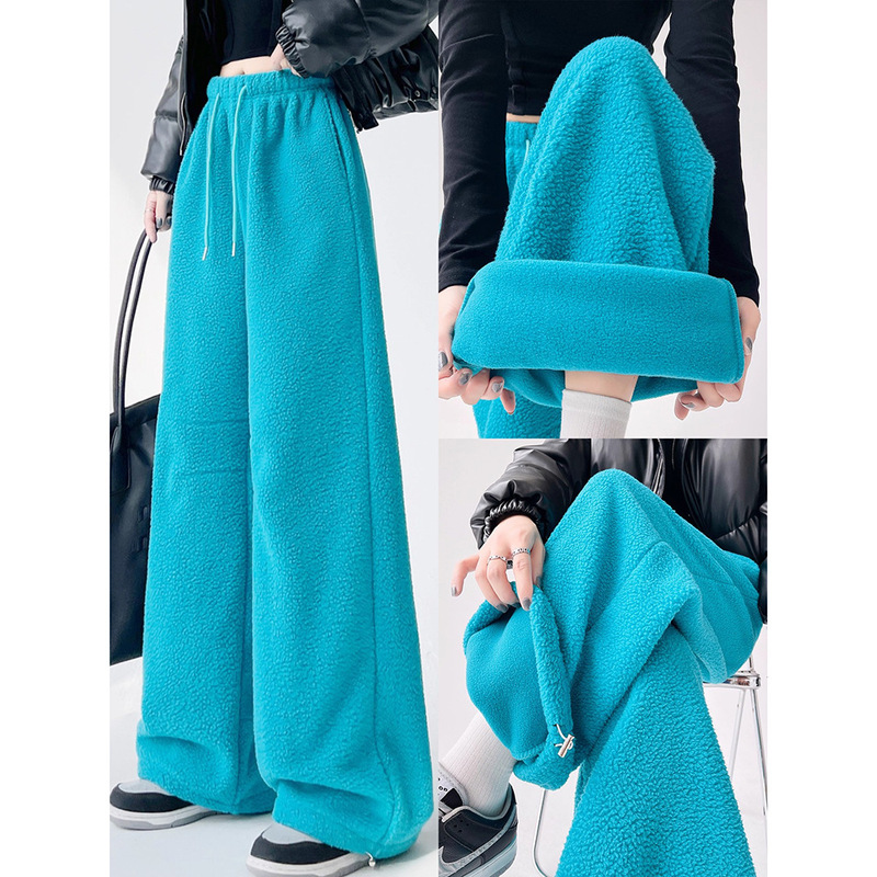 Blue Korean Style Warm Polar Fleece Wide-Leg Pants for Women Autumn and Winter 2025 New High-Waisted Fleece-Lined Leggings Sweatpants
