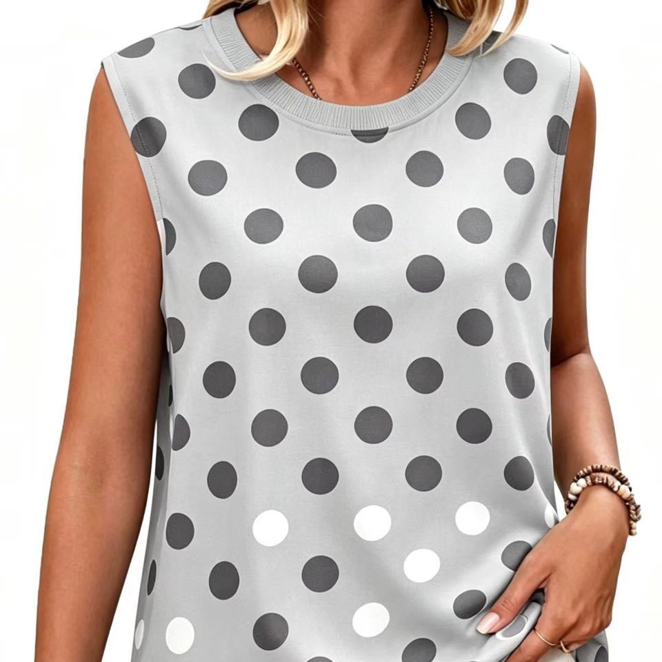European and American women's polka dot round neck vest, loose sleeveless pullover top, polka dot print casual outerwear vest