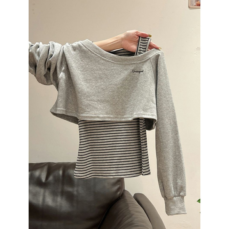 Floral Gray Off-Shoulder Long-Sleeve Striped Sweatshirt for Women, 2025 Autumn/Winter Design, Paired with a Vest Two-Piece Set Top Floral Gray Off-Shoulder Long-Sleeve Striped Sweatshirt for Women, 2025 Autumn/Winter Design, Paired with a Vest Two-Piece Set Top