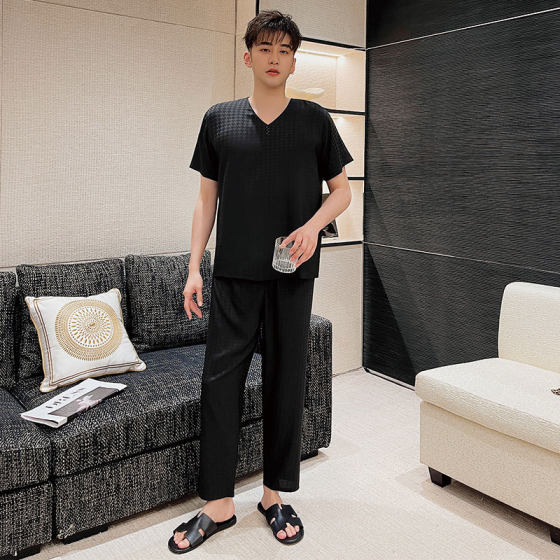Couple pajamas women's summer ice silk short sleeve houndstooth printing suit spring and autumn plus size men's cardigan home wear
