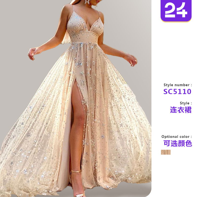 2025夏跨境新款亚马逊女装吊带长裙收腰开衩亮晶片拖地大摆连衣裙