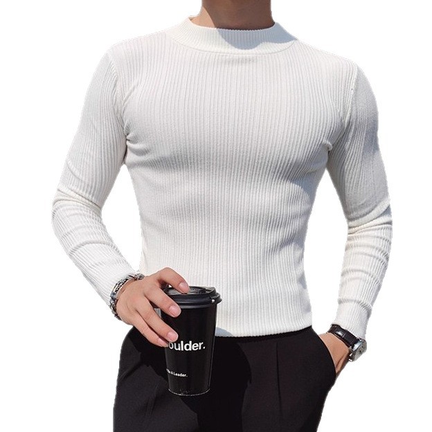 Camiseta de punto de cuello de media altura camiseta de manga larga hombre viejo dinero estilo de negocios delgado color sólido en primavera y otoño fábrica transfronteriza al por mayor