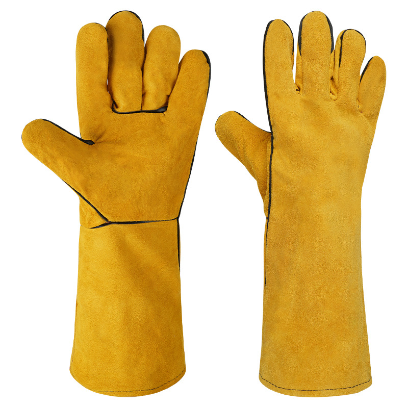 Guantes de soldadura eléctrica largos Huang Changniu todo el soldador de cuero de vaca todo el revestimiento de lana de doble capa gruesa guante de aislamiento térmico resistente al desgaste