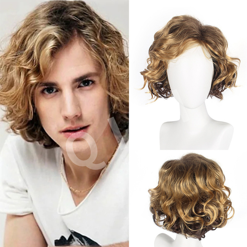 Foreign trade new European and American men's wig partial long oblique bangs mixed Golden short curly hair rose net fiber hair head cover Foreign trade new European and American men's wig partial long oblique bangs mixed Golden short curly hair rose net fiber hair head cover