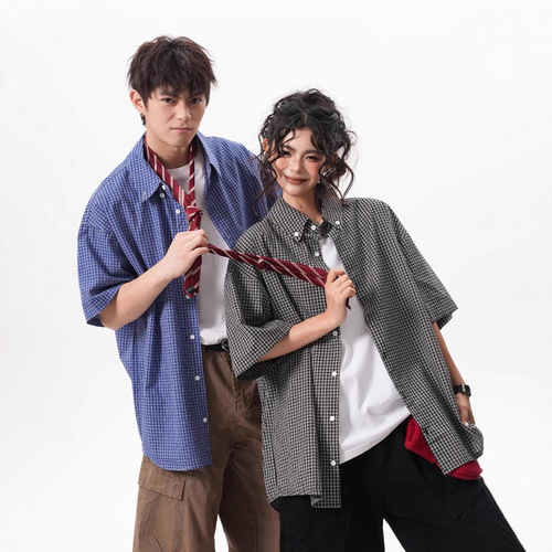 American grid short-sleeve shirt for men and women, summer trendy brand loose pure cotton open jacket, casual couple's shirt and outerwear