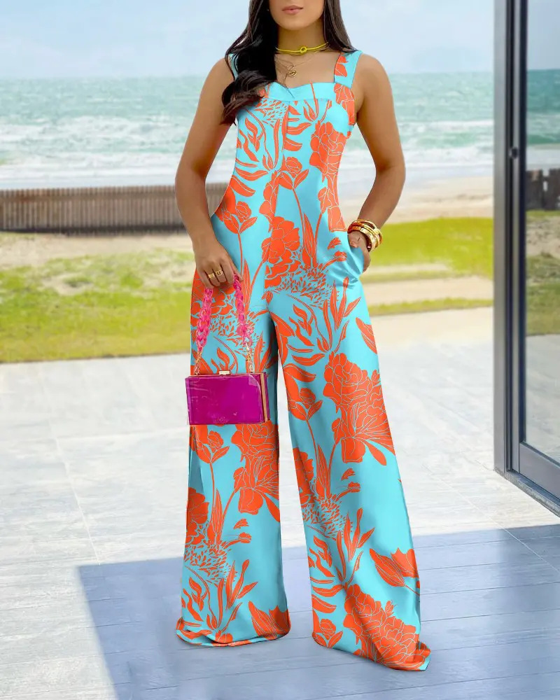 printing sling high waist wide-leg jumpsuit NSSRX134153