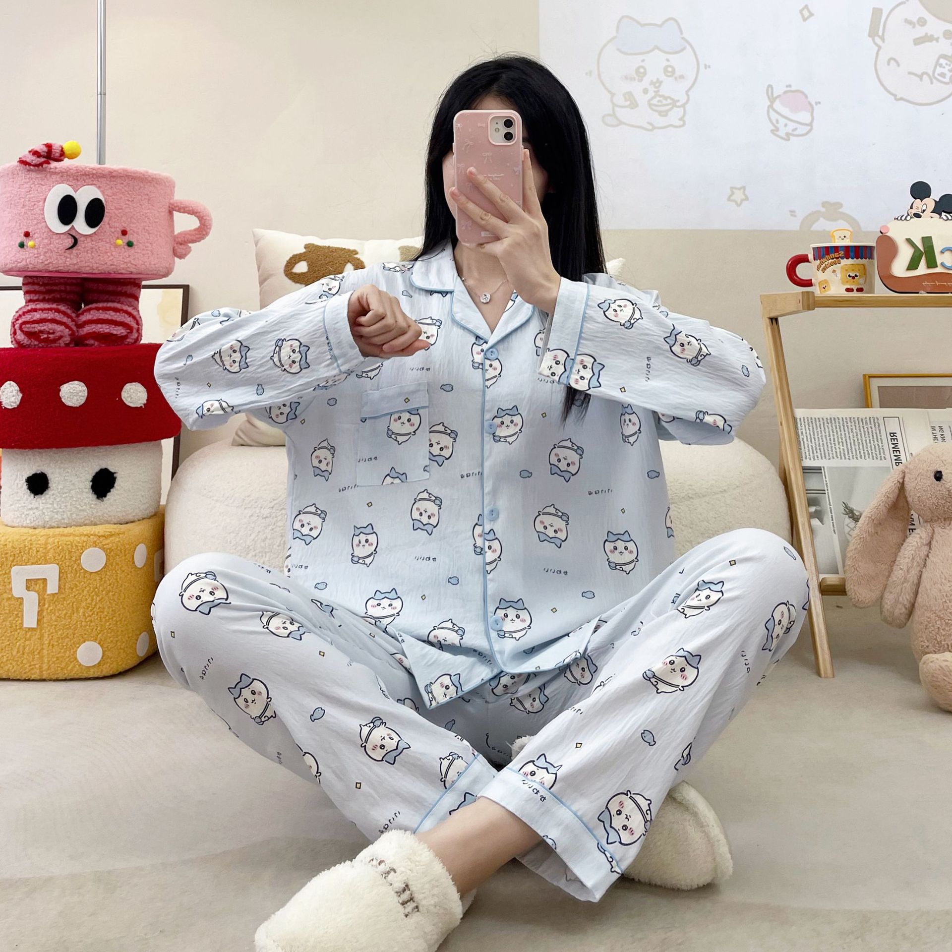 2025 primavera y otoño nubes algodón camiseta de manga larga pijama de mujer encantador dibujos animados en línea viento rojo set de ropa de casa