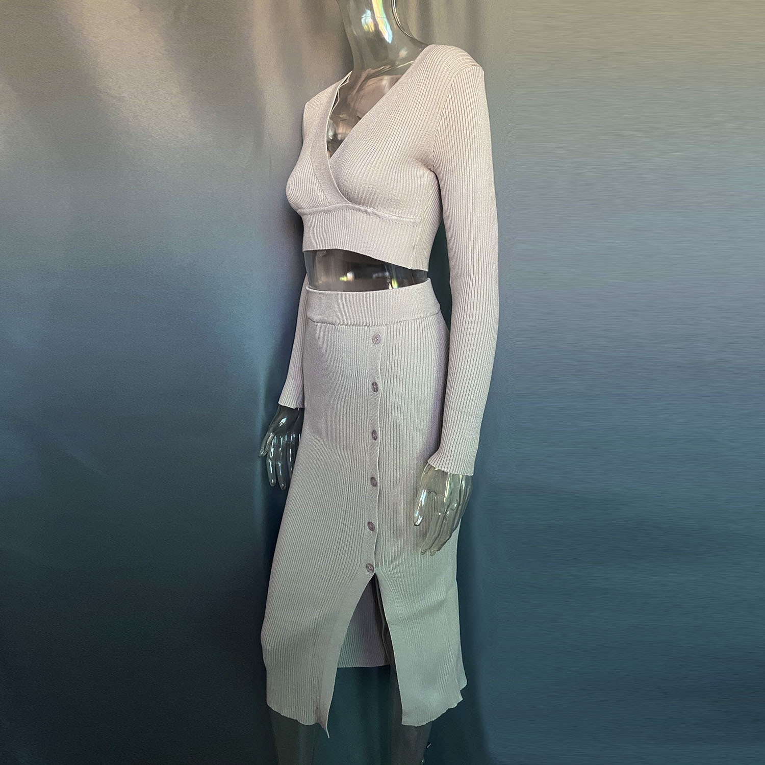 Women's Clothing Slit Sweater Dress Deep V High Elastic Wool Sweater Suit_voghion.com
