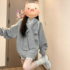 灰色连帽卫衣针织衫女秋冬2025新款学院风高级感韩系毛衣长袖上衣