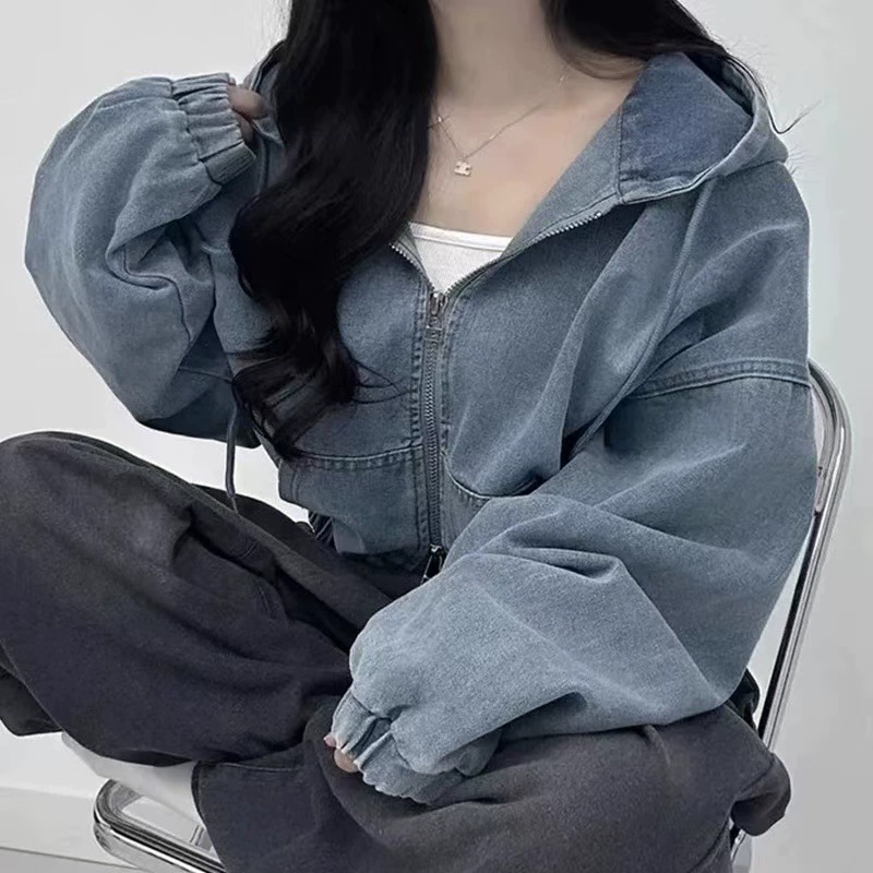 Retro short long-sleeve with zipper for leisure with hood, denim jacket, Korean style, autumn, oversize