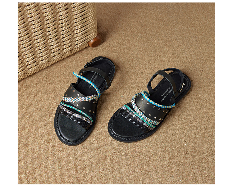 Dép sandal nữ quai ngang đế bằng da bò dệt phối màu, kiểu La Mã hở mũi — đen chi tiết 25