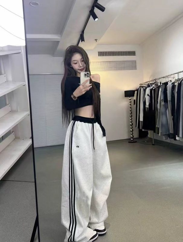 美式复古三条杠运动裤女2025秋冬款高腰抽绳显瘦运动阔腿裤子女|undefined
