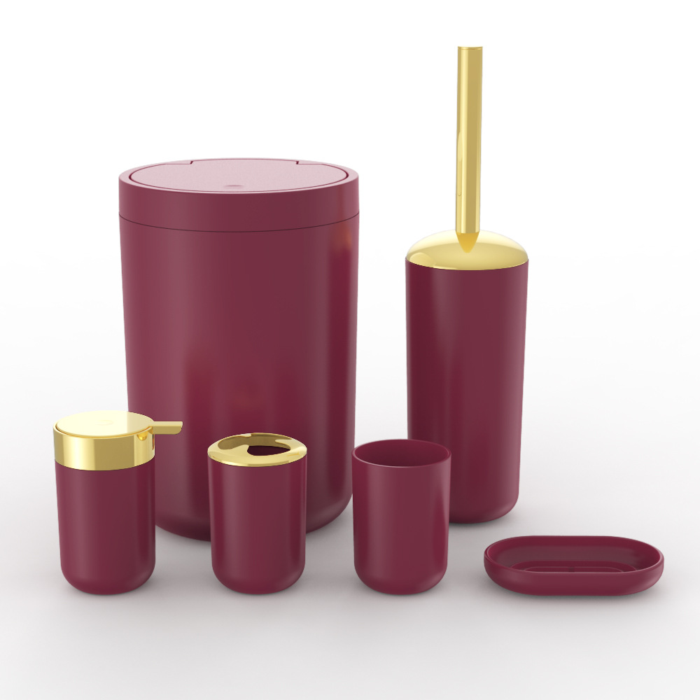 Plástico de color sólido chapado en oro seis piezas conjunto de cepillo de dientes caja de jabón cepillo de inodoro almacenamiento baño conjunto de lavado